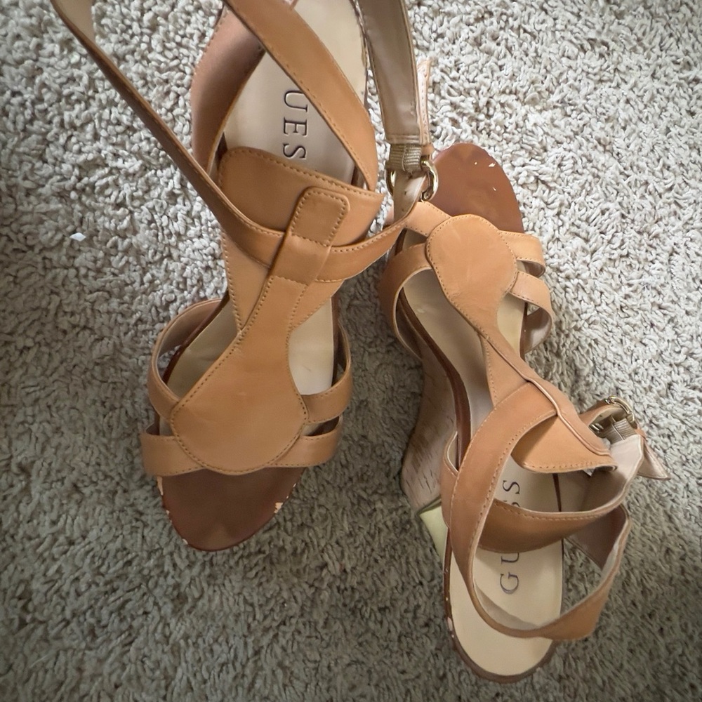Pre Owned Guess Tan with Yellow Wedge Heel  Size 8M